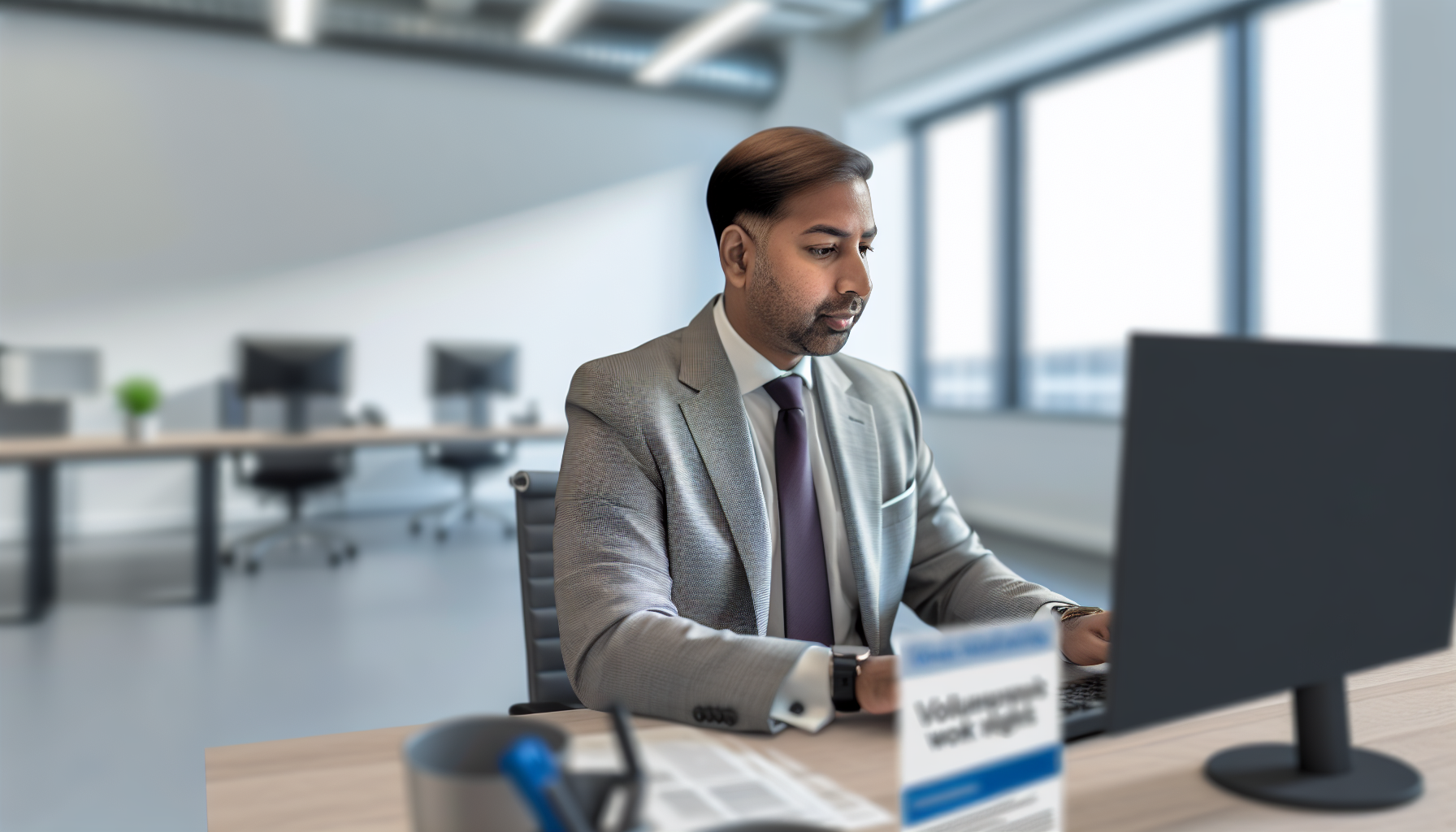 UK professional researching voluntary work rights at desk