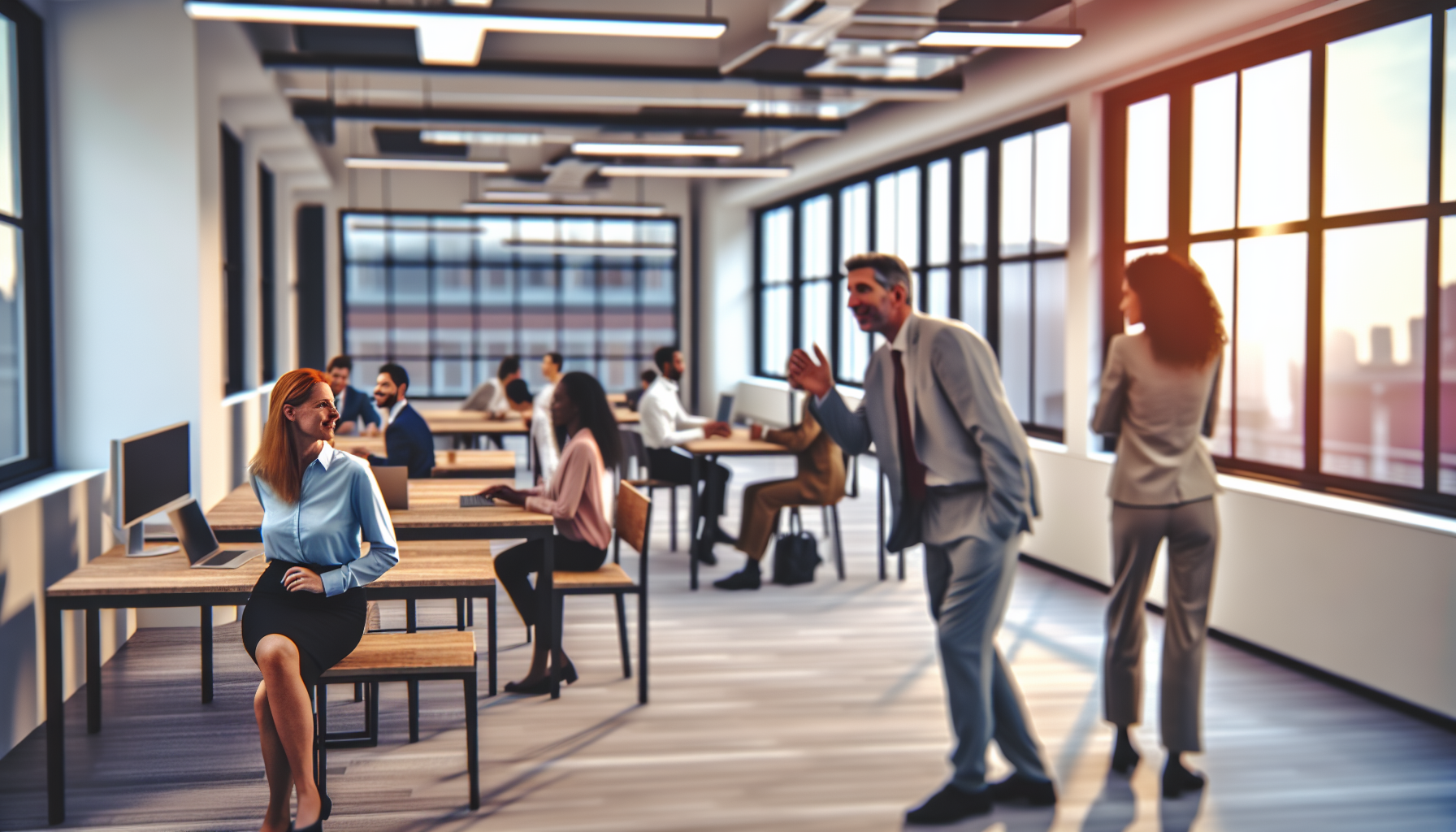 British professionals discussing in a modern office setting