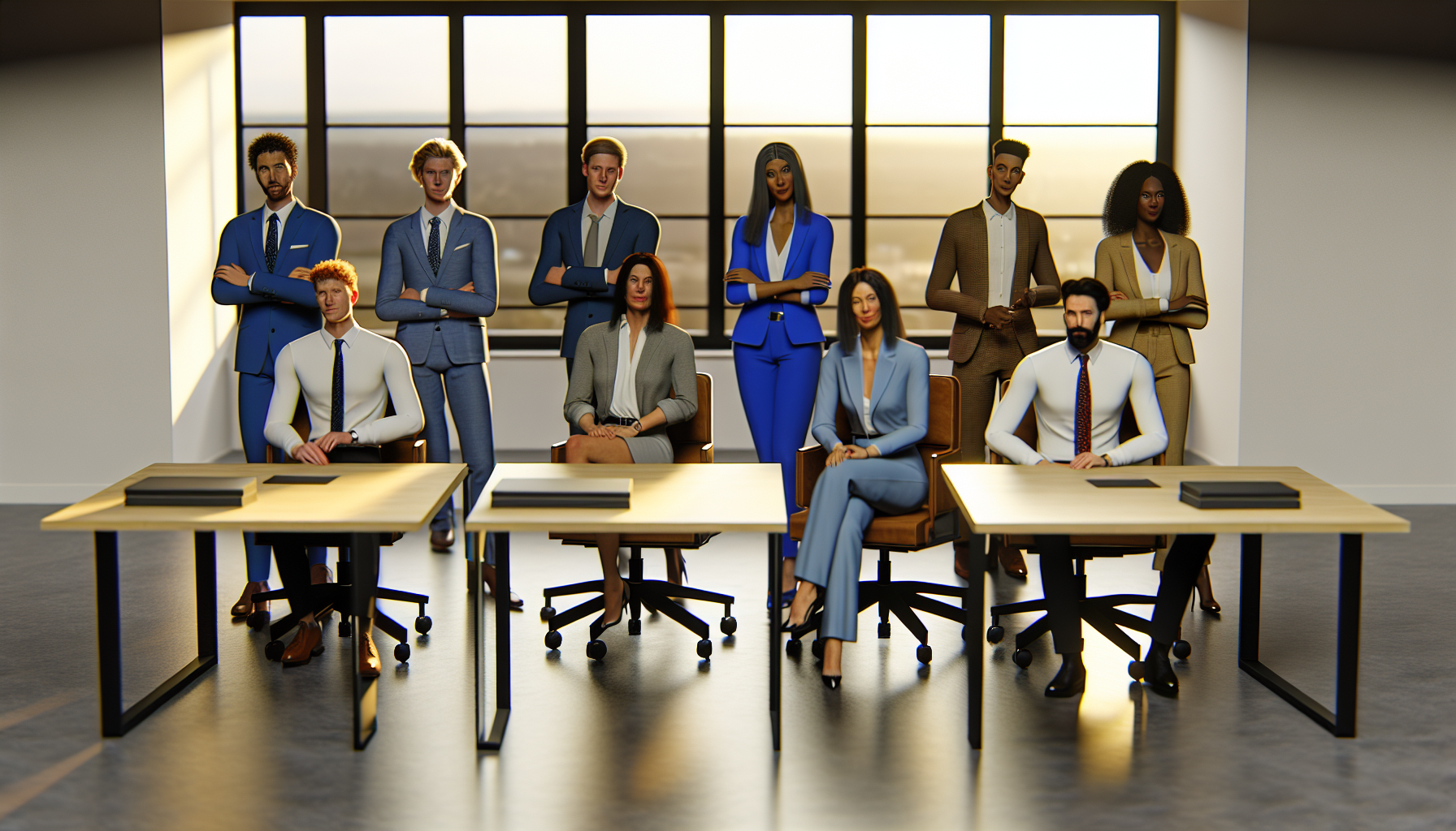 Professionals in a modern office discussing work regulations