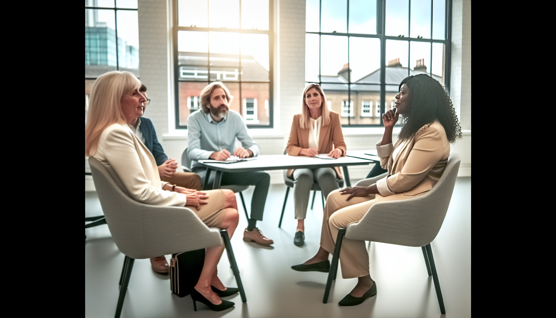 Professionals discussing work policies in a collaborative setting