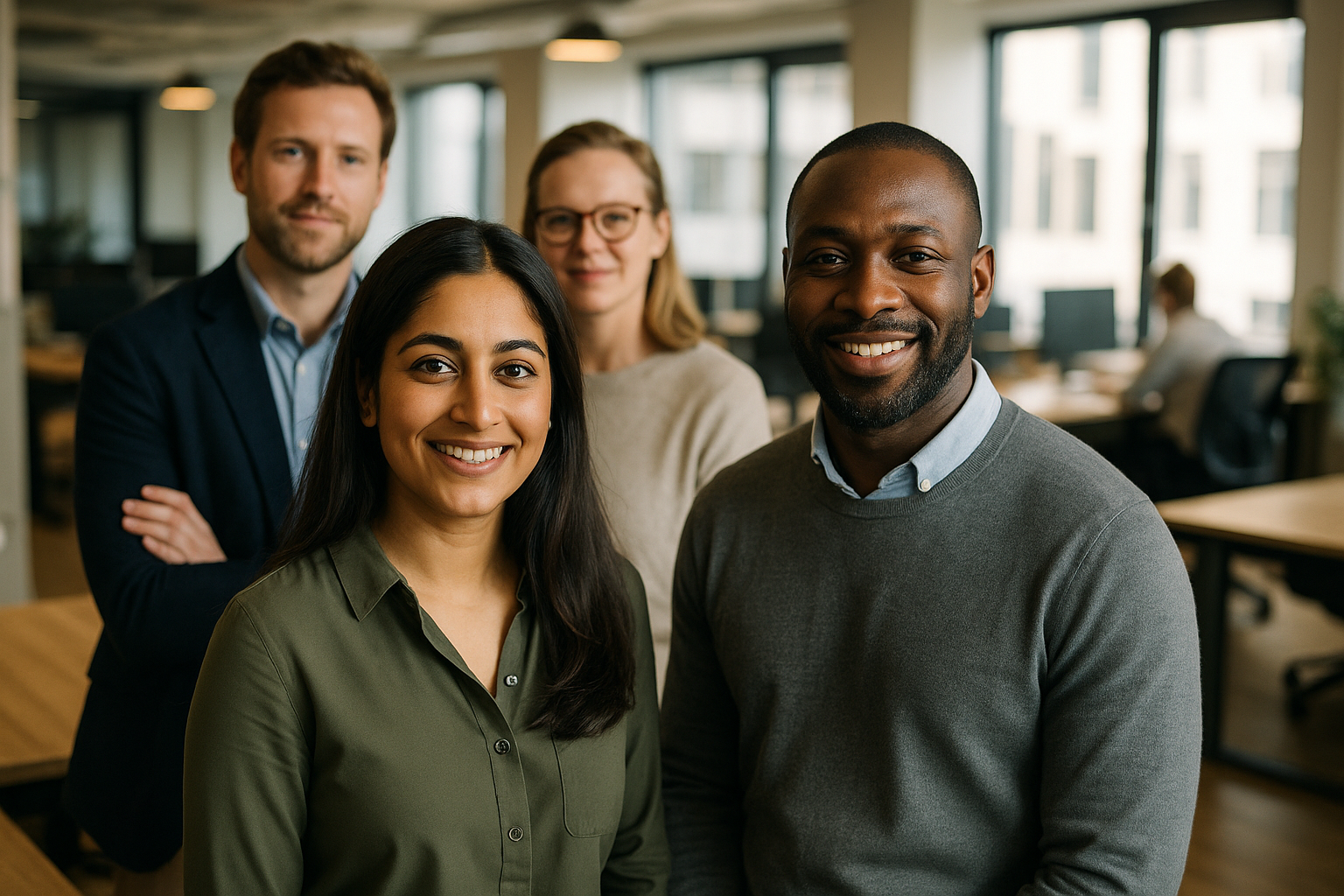British professionals in a modern office discussing UK family visa work