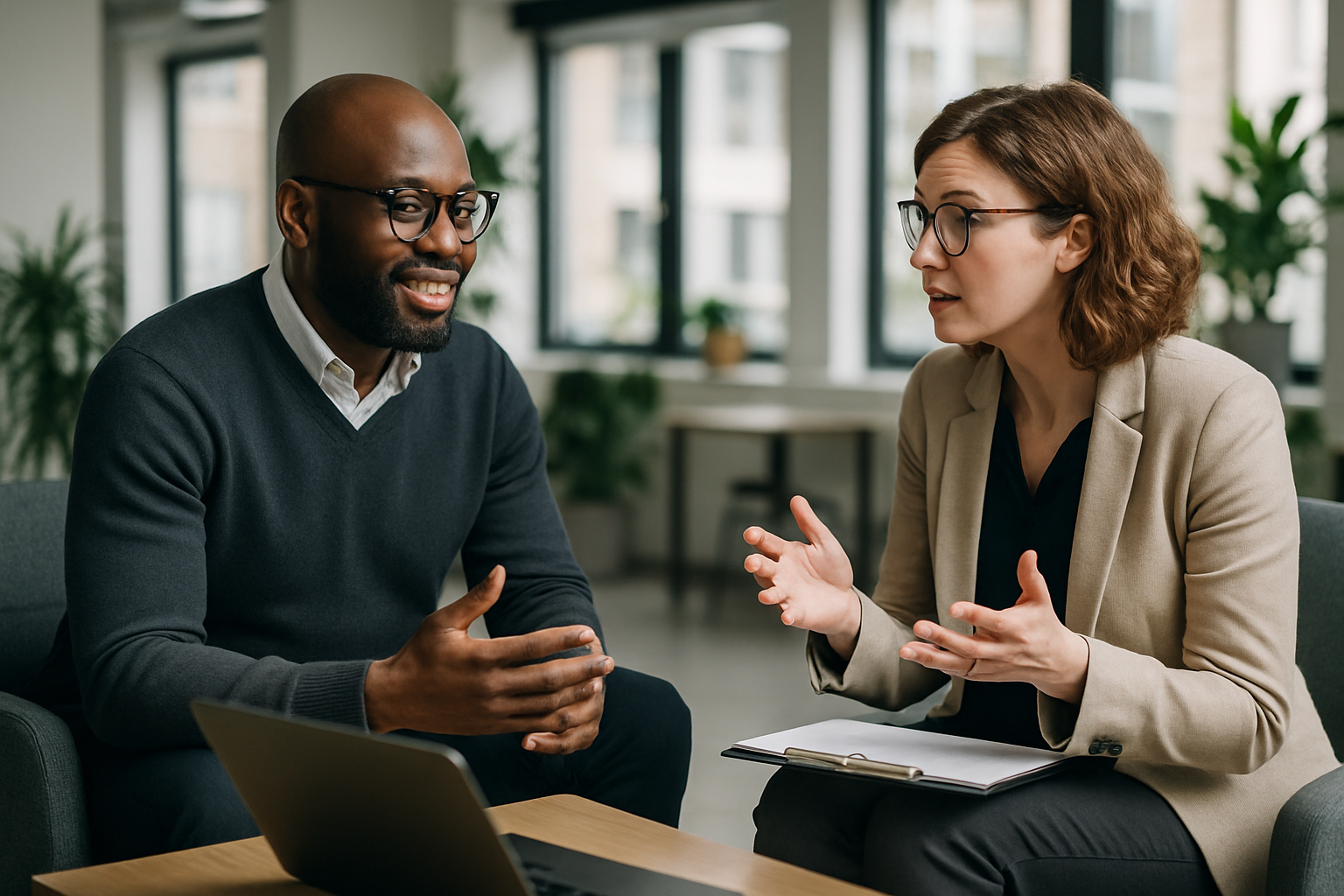 Two UK professionals discussing career next steps for UK family visa work
