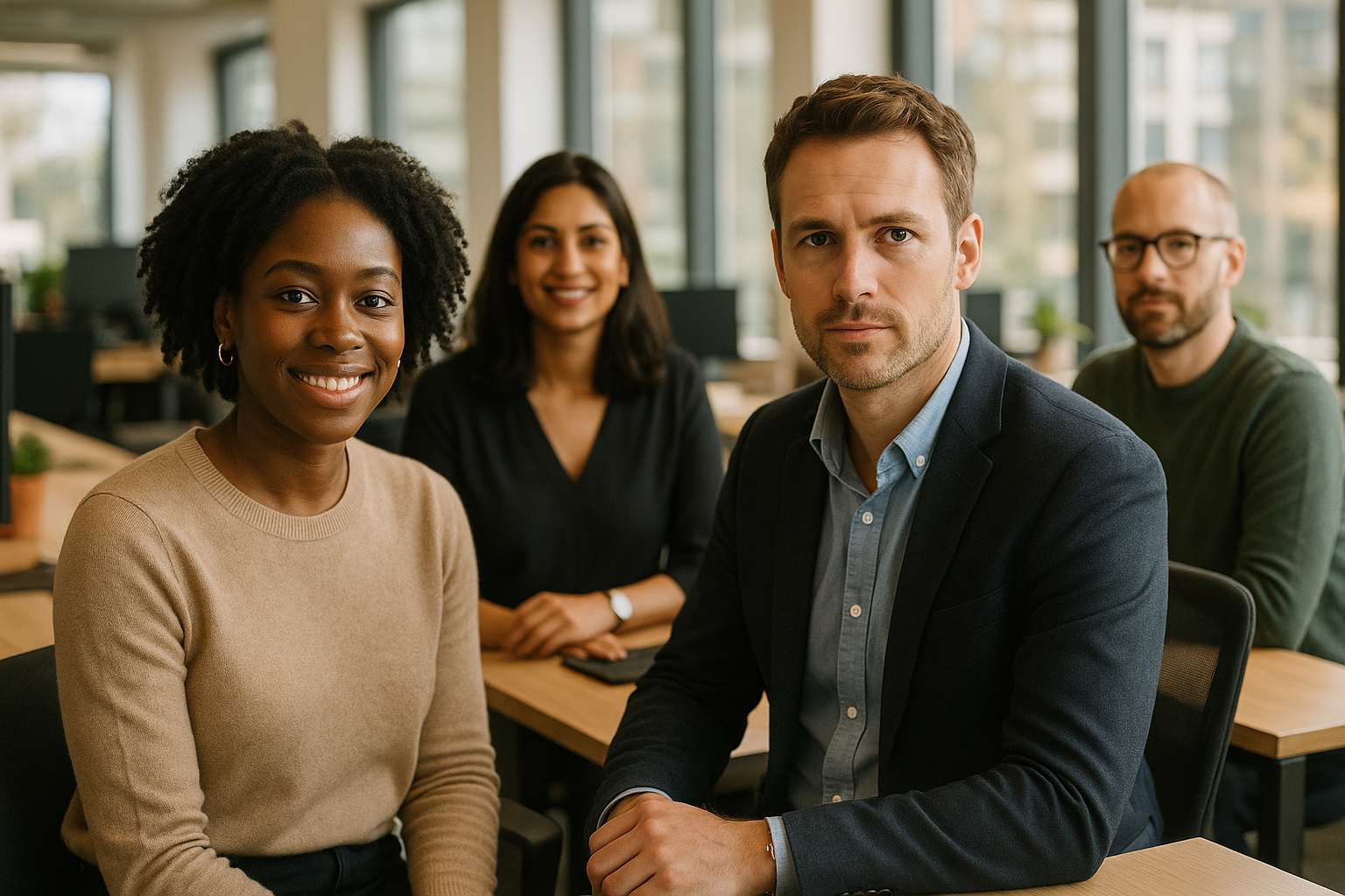 British professionals in a modern office discussing scale up executive UK