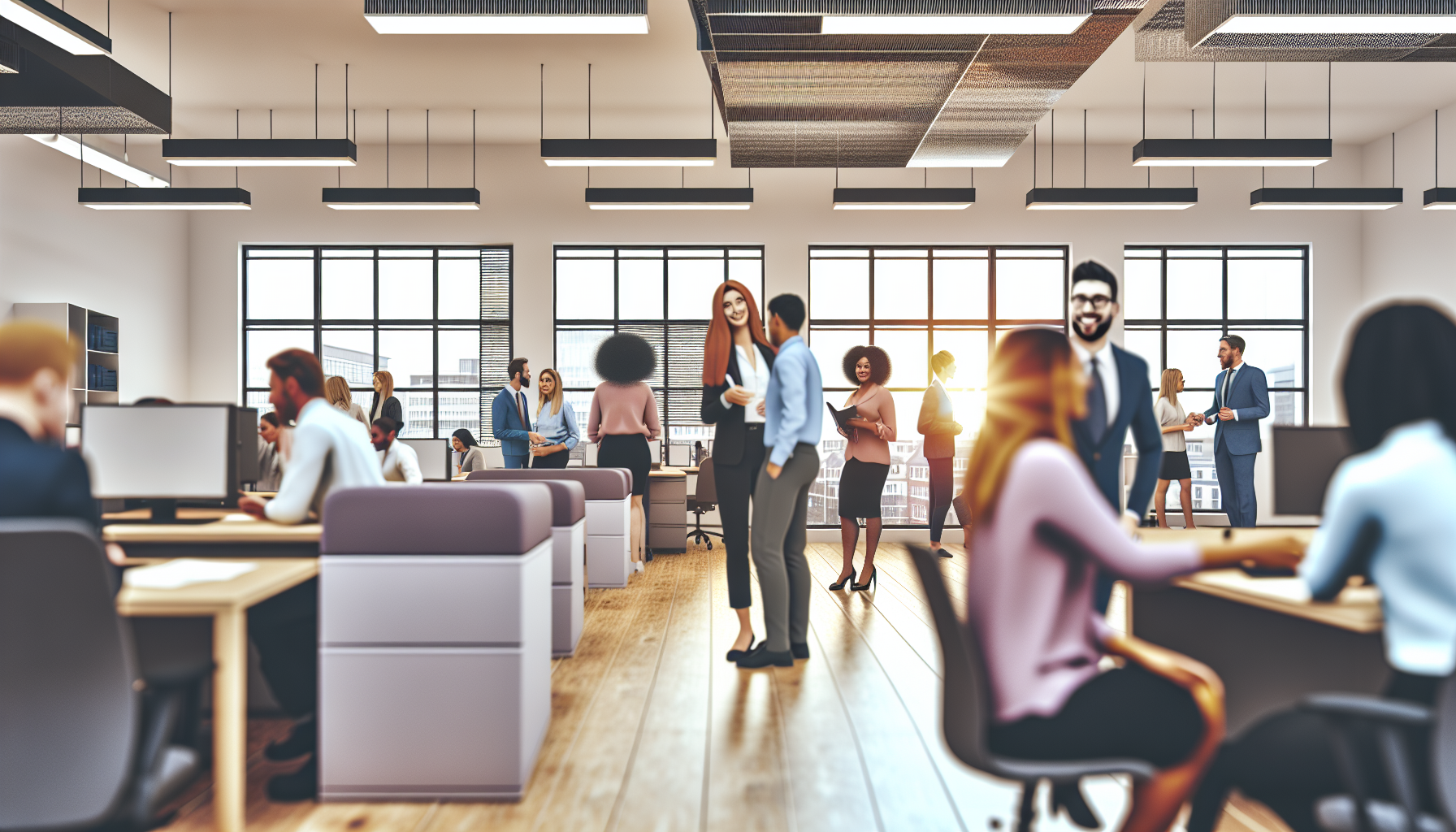 Diverse professionals in a modern UK office, discussing work.