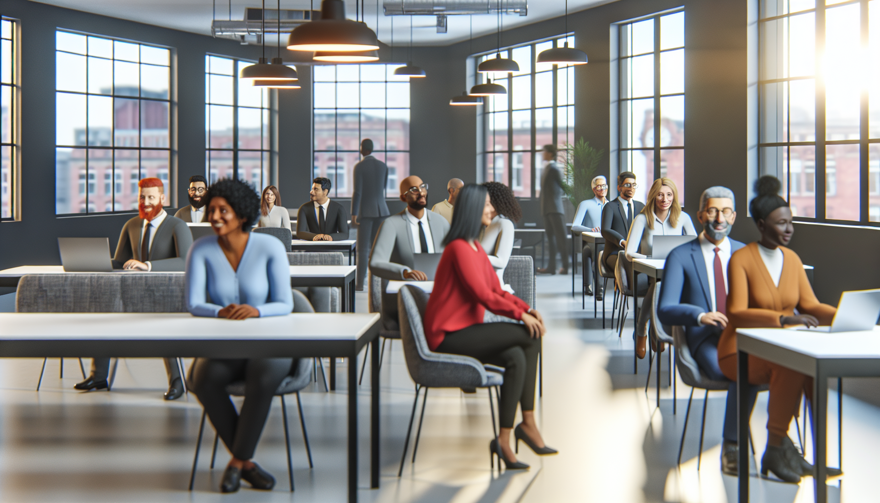 Diverse UK professionals in an open-plan office setting.
