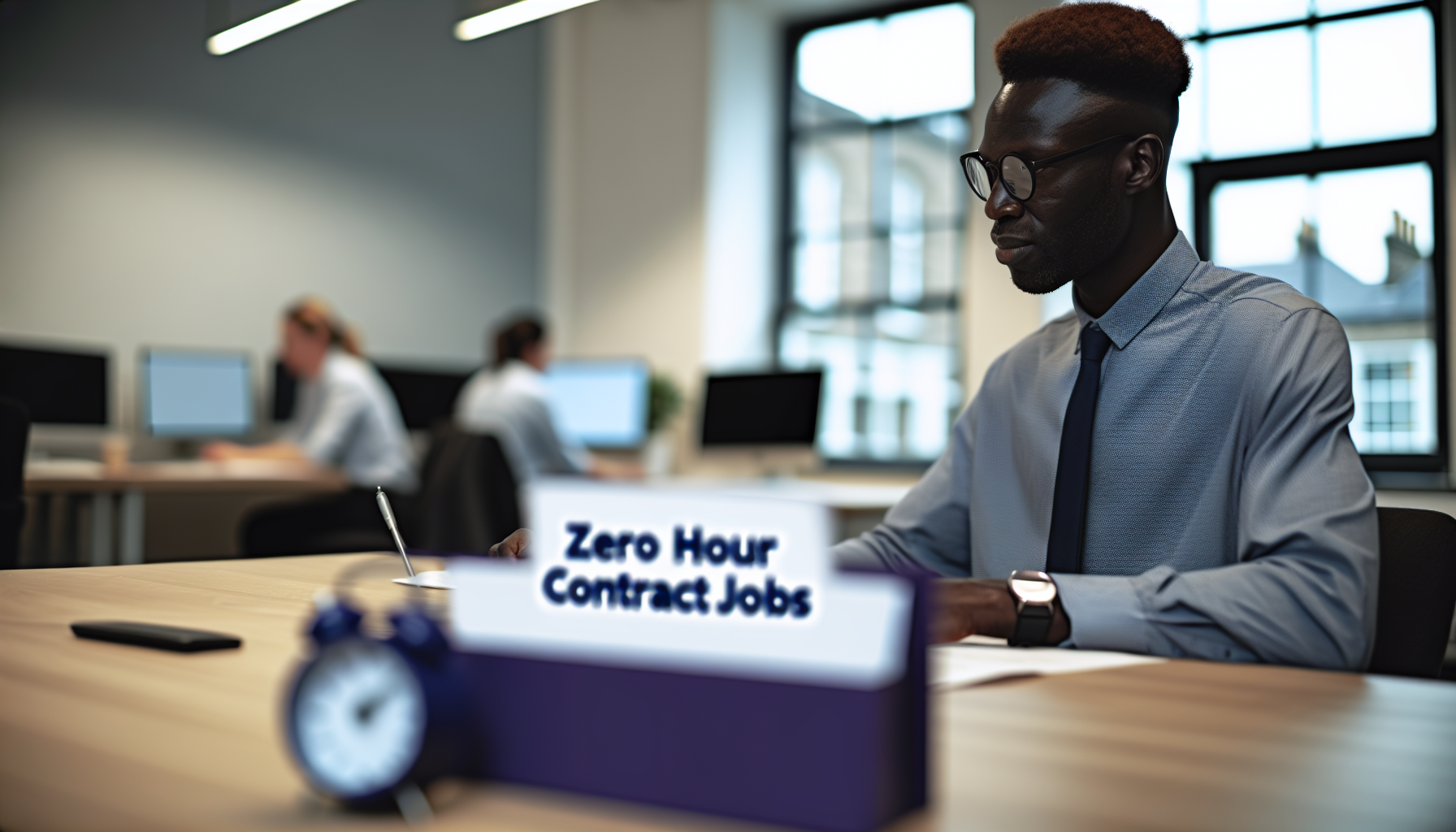 UK professional focused on work at a desk.