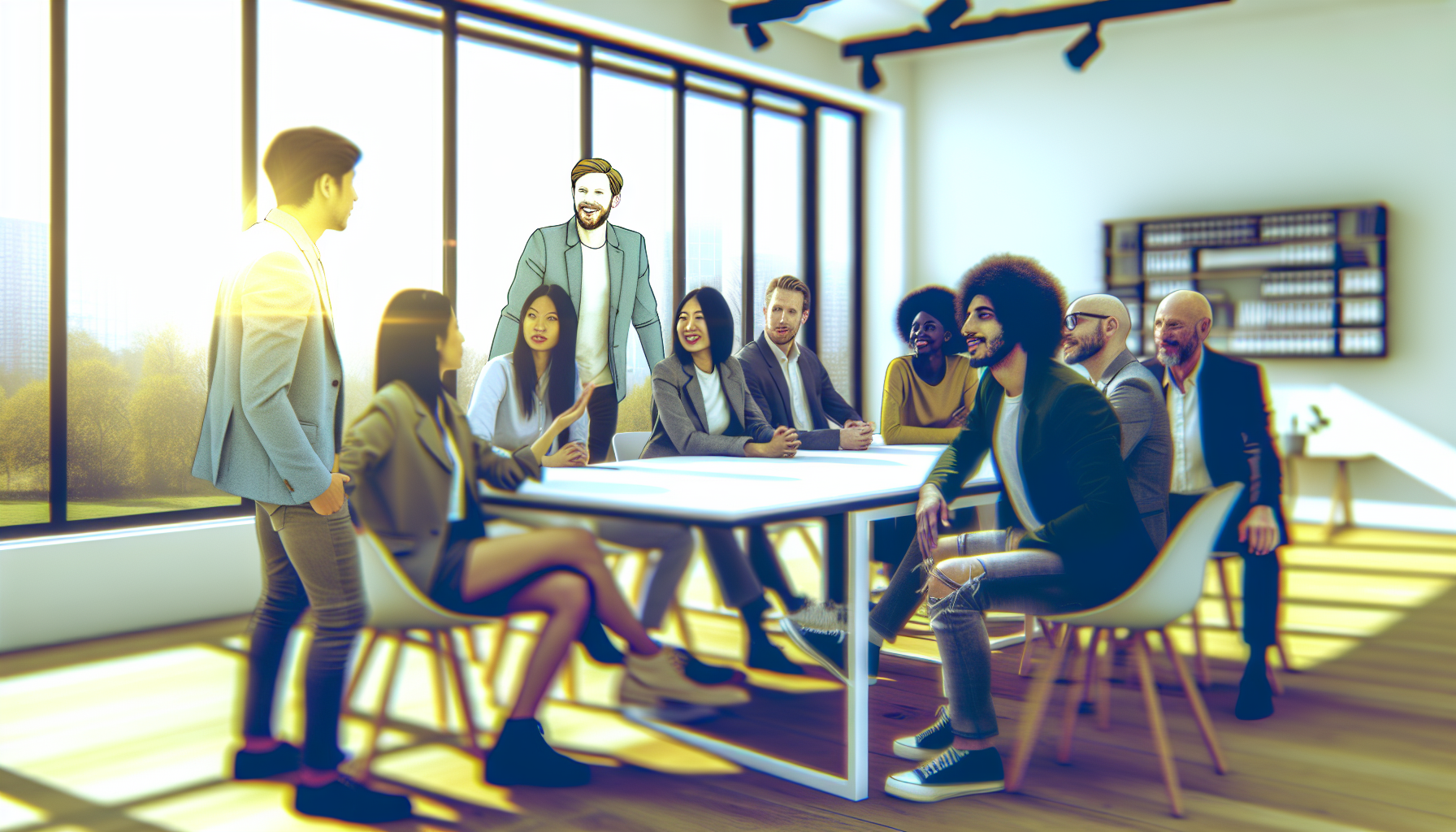 UK team in a collaborative discussion in a modern office.